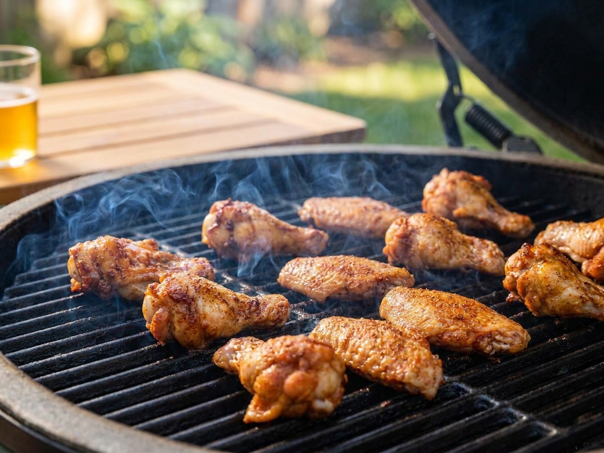 Chicken wings smoking on black grill grates with light wisps of smoke in a backyard setting
