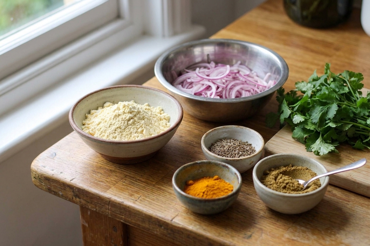 Chickpea flour, sliced red onion, cilantro, and small bowls of spices arranged on a bright kitchen counter
