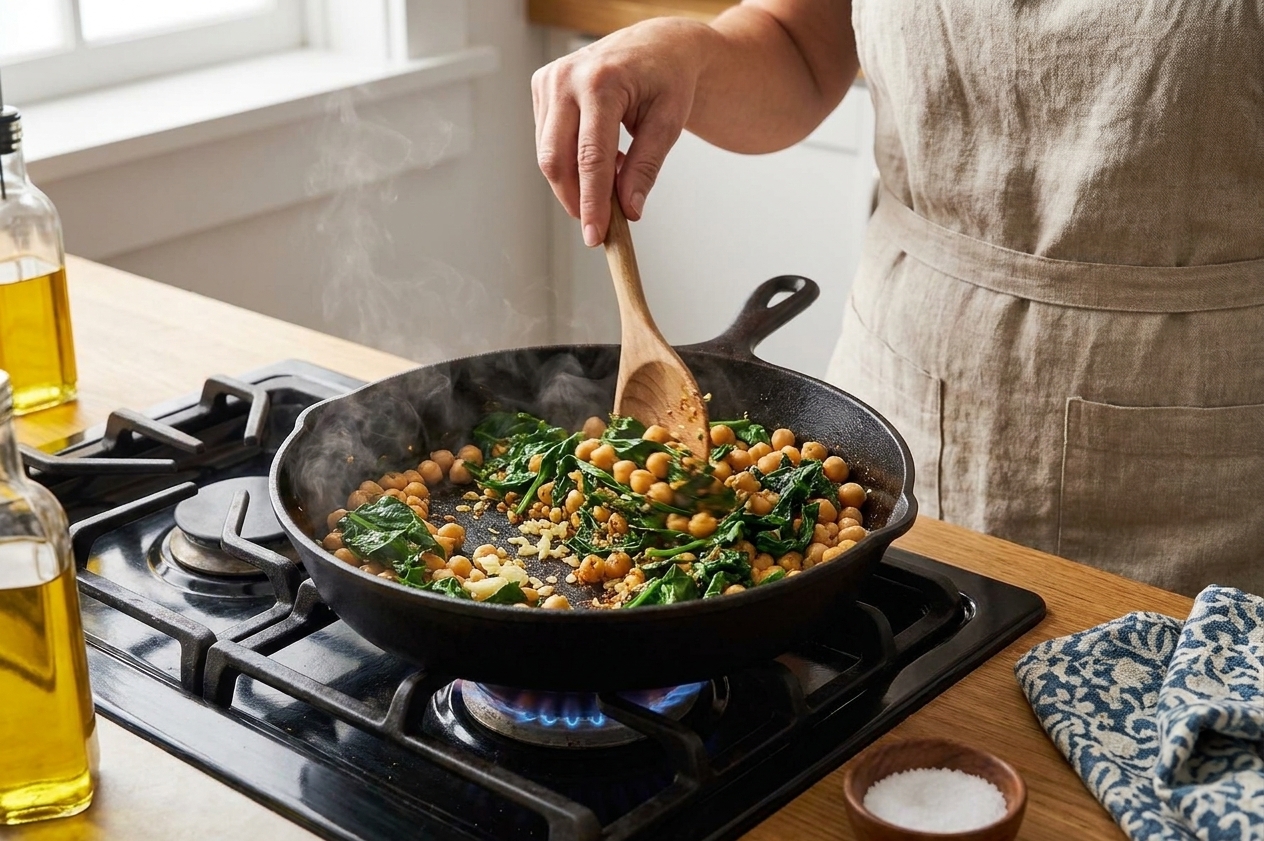 Chickpeas and leafy greens cooking in a skillet with visible minced garlic, mid-stir on a stovetop