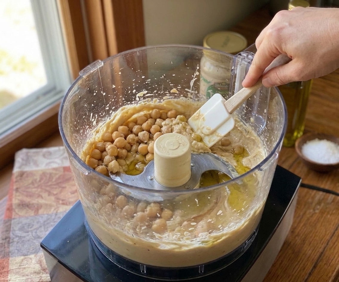 Chickpeas being blended into hummus in a food processor, with a spatula scraping the sides