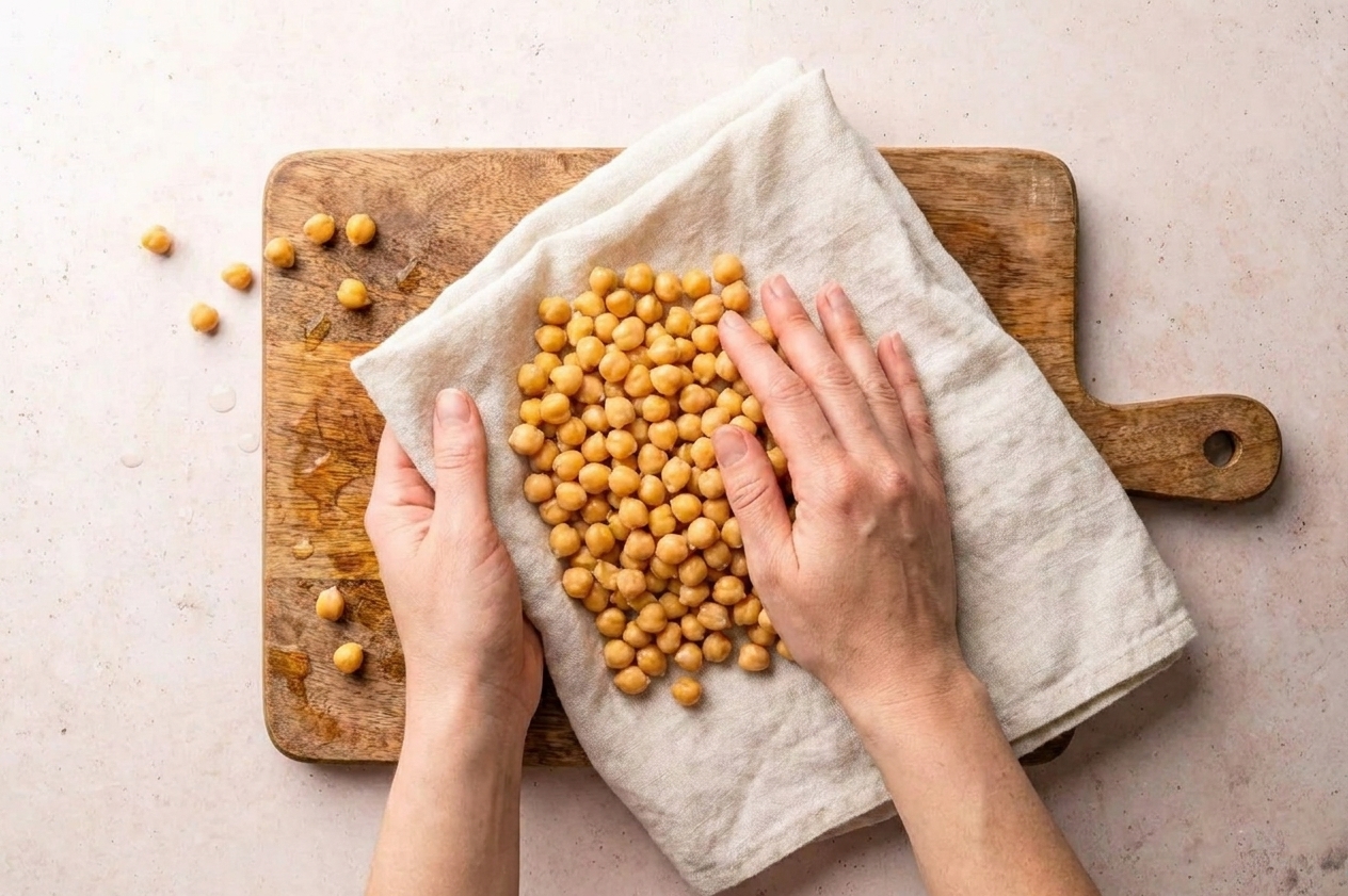 Chickpeas being patted dry with a clean kitchen towel on a wooden cutting board in a home kitchen