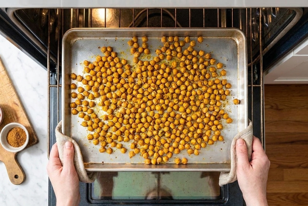 Chickpeas coated in shawarma spices roasting on a sheet pan in an oven with lightly browned edges
