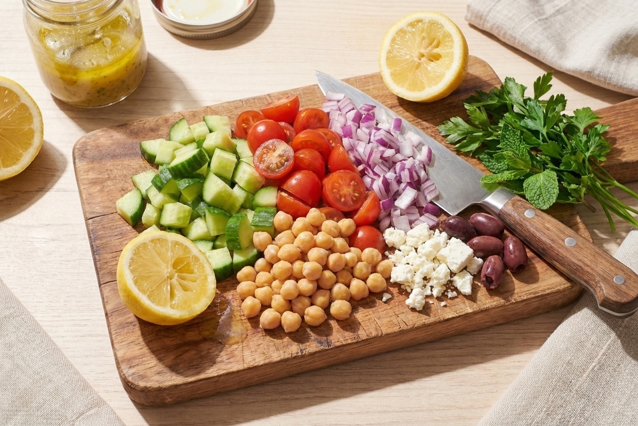 Chickpeas, cucumbers, cherry tomatoes, red onion, feta, olives, lemon, and fresh herbs arranged on a wooden cutting board on a bright kitchen counter