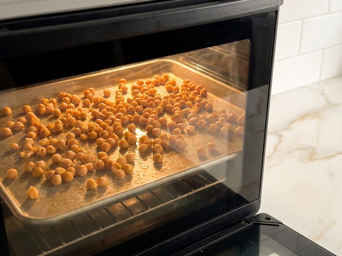 Chickpeas roasting on a sheet pan in a home oven, golden and lightly blistered, viewed with the oven door open