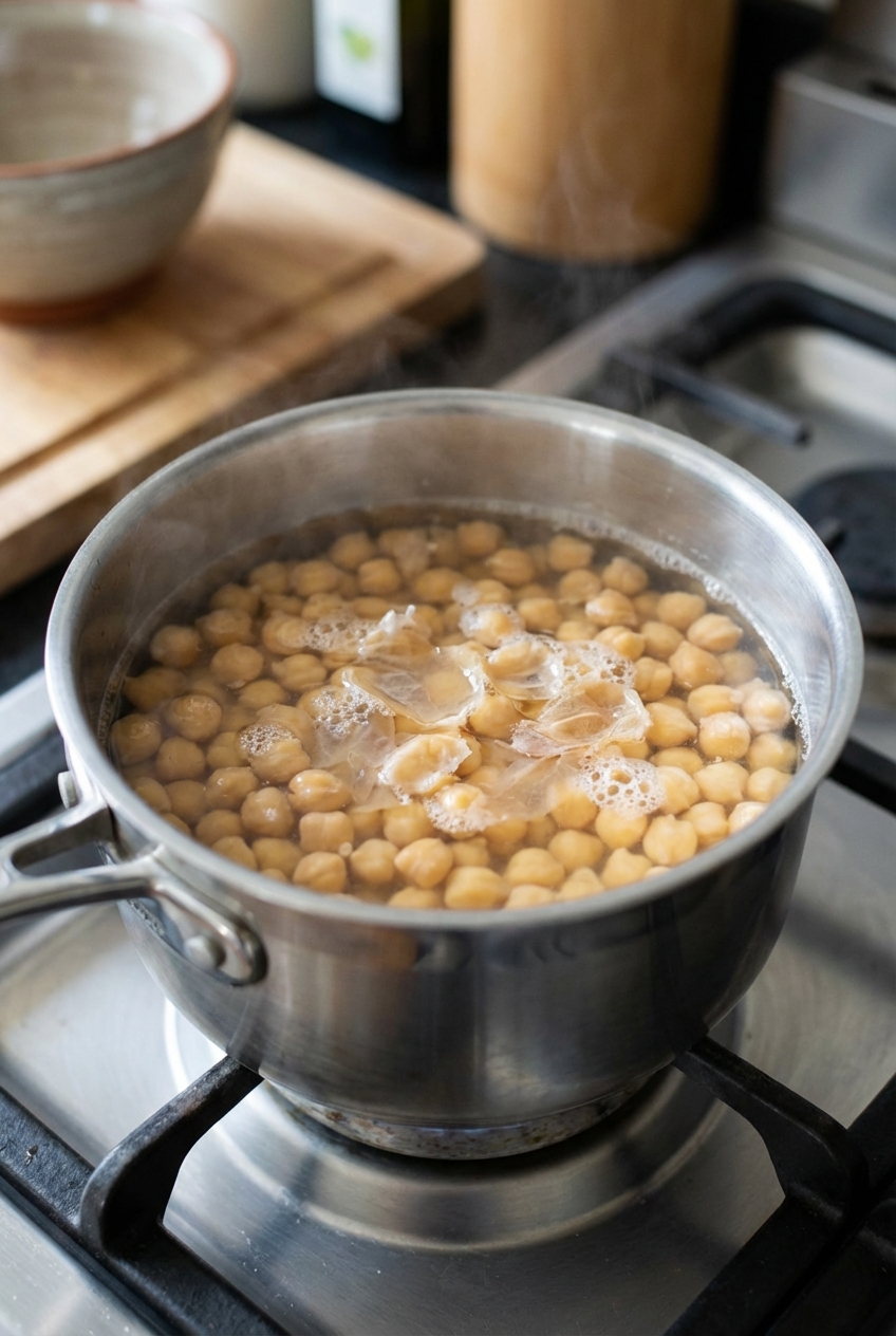 Chickpeas simmering in a small saucepan with a few softened skins floating on the surface