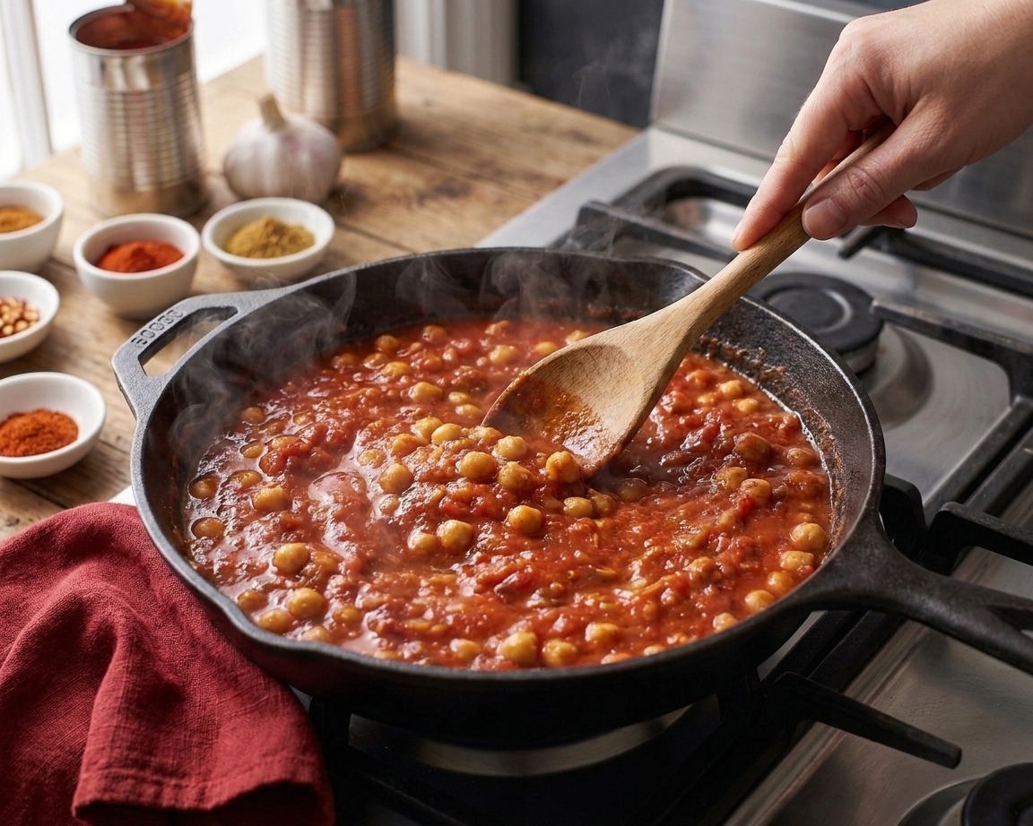 Chickpeas simmering in a thick tomato sauce in a wide skillet with steam rising in warm kitchen lighting