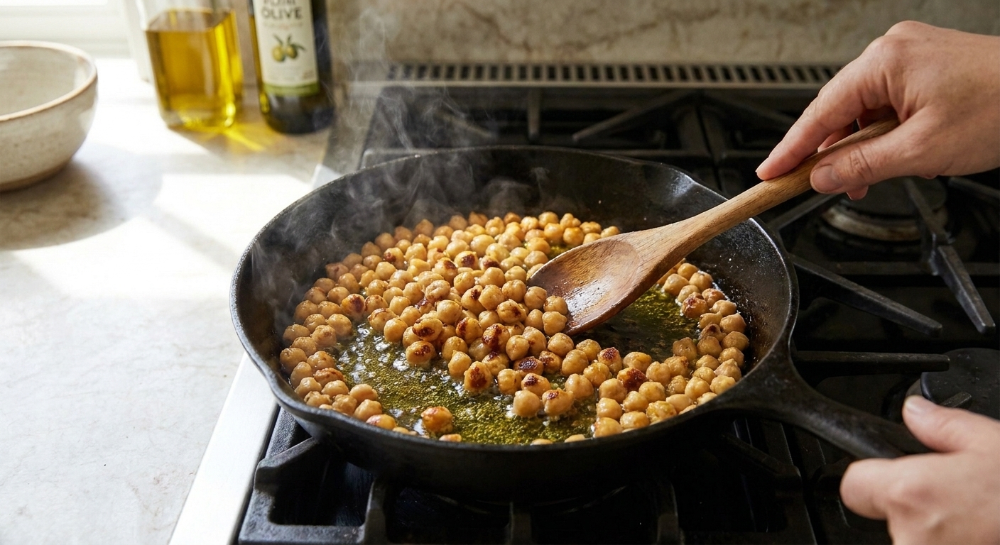 Chickpeas sizzling in olive oil in a skillet with browned spots forming as they cook