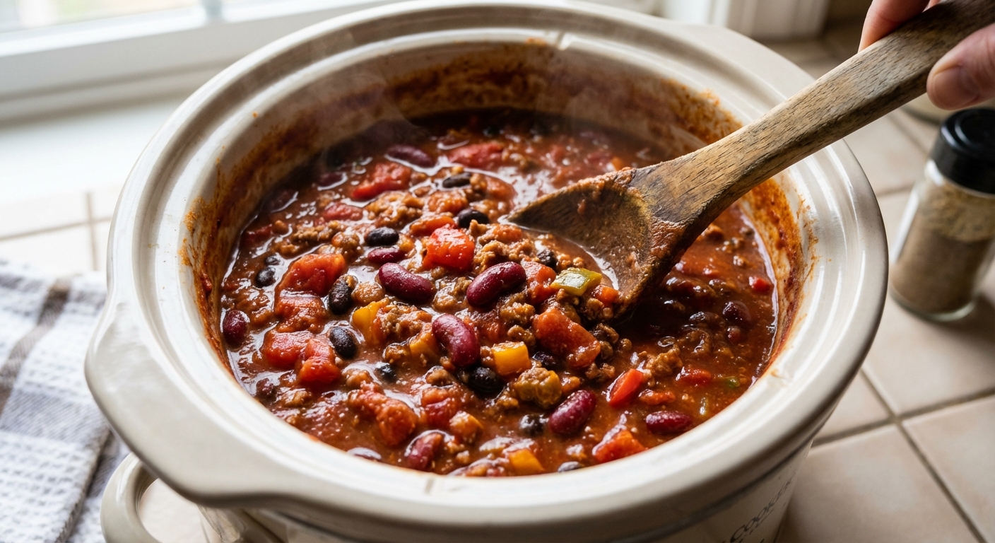Chili being stirred inside a slow cooker with a wooden spoon, showing a thick tomato-and-bean texture