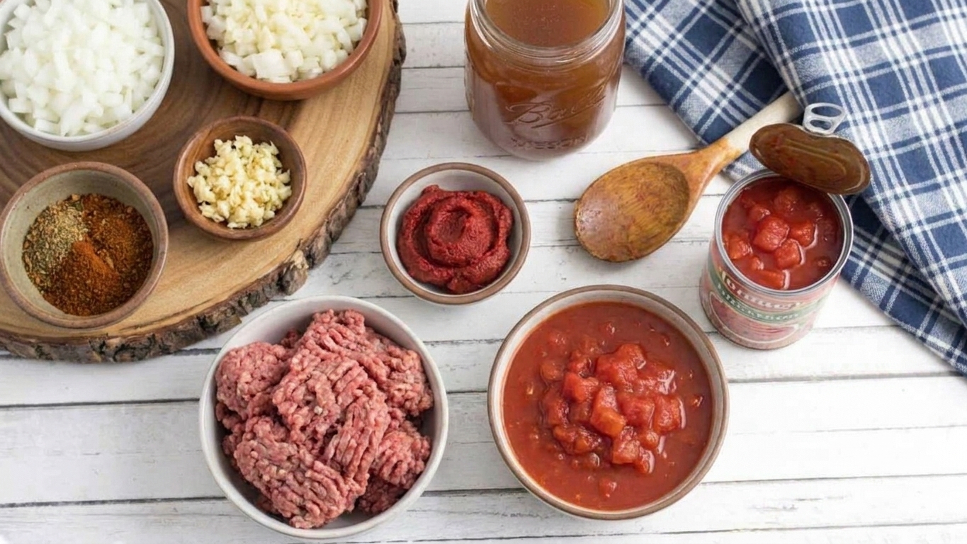 Chili ingredients arranged on a kitchen counter including ground beef, onions, garlic, tomato paste, canned tomatoes, spices, and beef broth