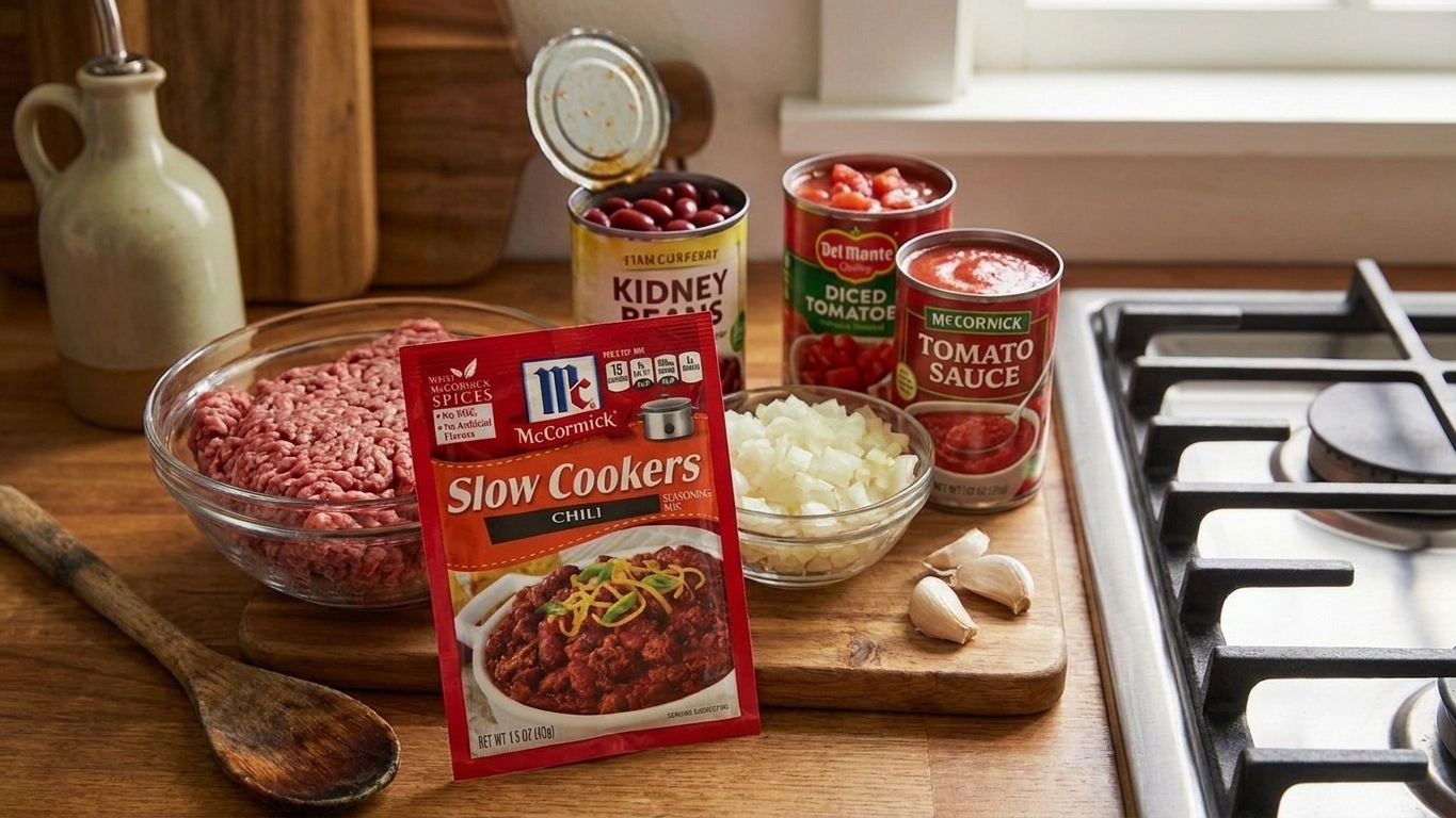 Chili ingredients arranged on a kitchen counter including ground beef, canned beans, diced tomatoes, tomato sauce, onion, garlic, and a McCormick chili seasoning packet