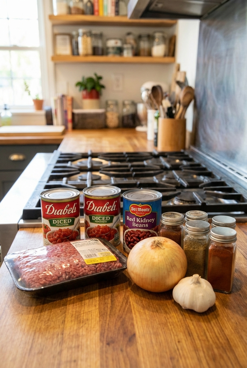Chili ingredients on a kitchen counter including ground beef, canned tomatoes, beans, onion, garlic, and spices