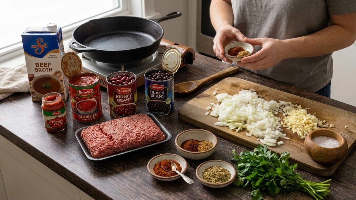 Chili ingredients on a kitchen counter including ground beef, onions, garlic, canned tomatoes, beans, tomato paste, broth, and small bowls of spices