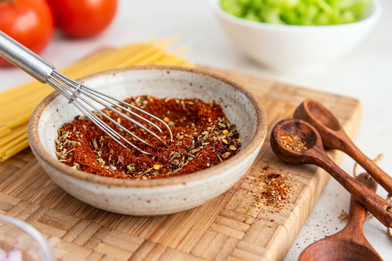 Chili powder, cumin, paprika, and dried spices whisked together in a small ceramic bowl on a kitchen counter