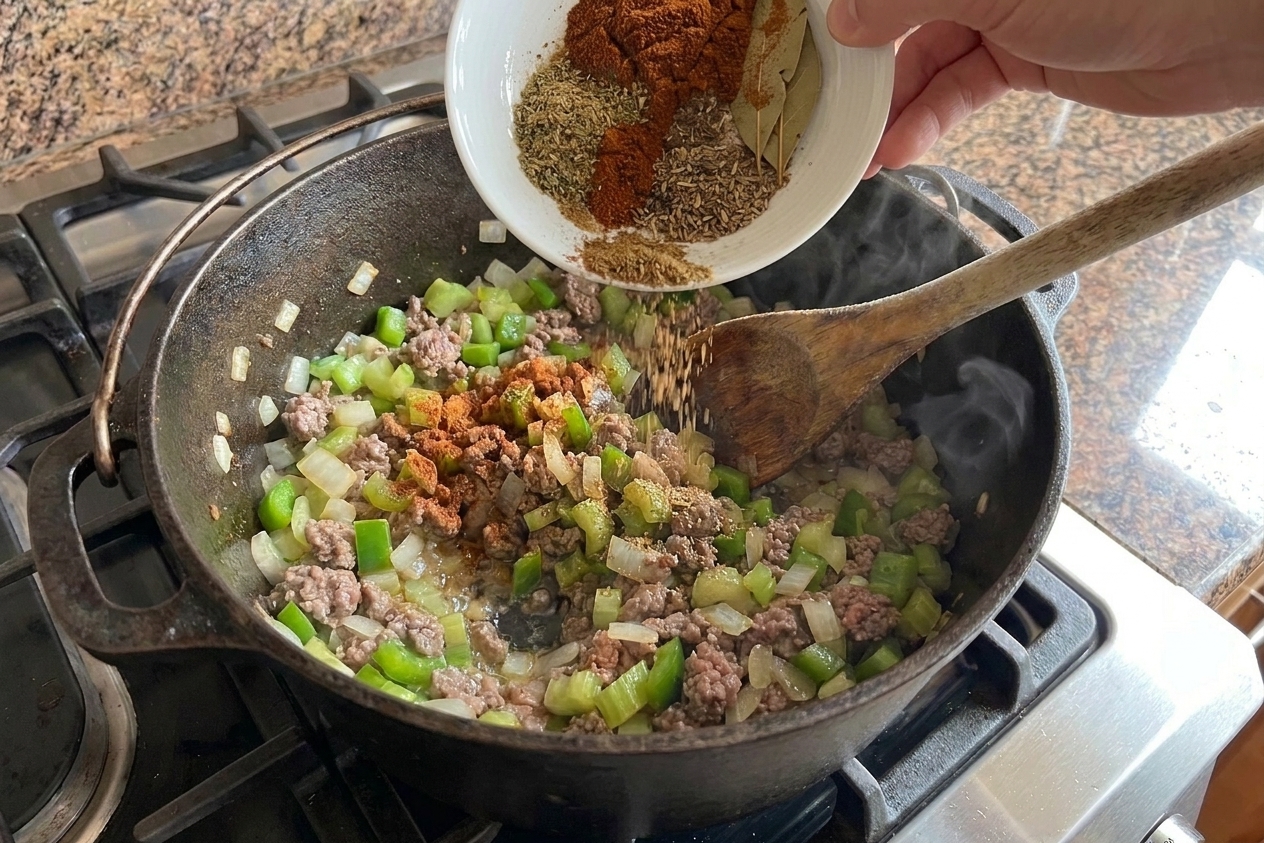 Chili spices sprinkled over cooked beef and vegetables in a pot just before stirring