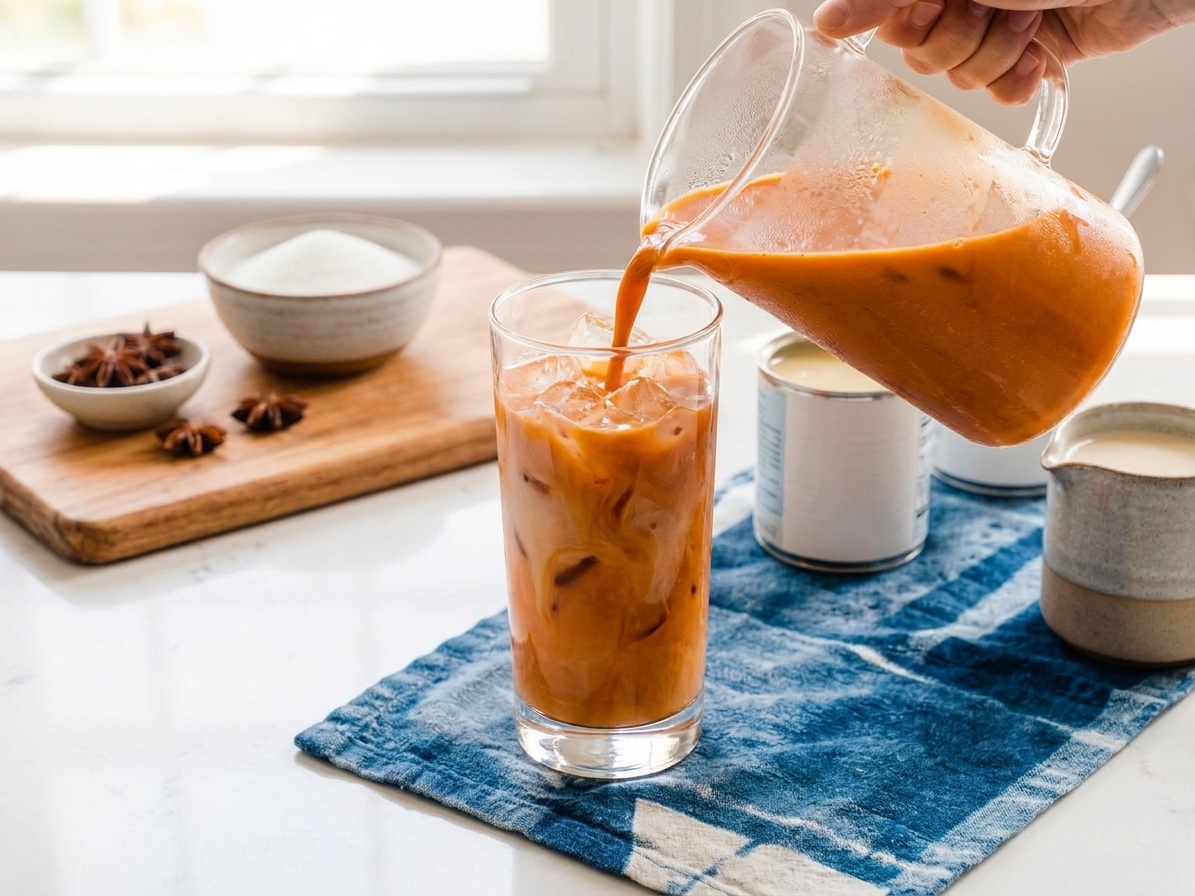Chilled amber tea being poured from a pitcher into a glass packed with ice on a bright kitchen counter
