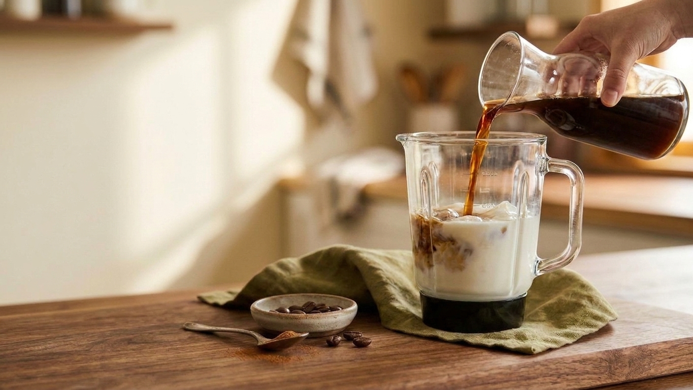 Chilled brewed coffee being poured into a blender jar with milk and protein mixture