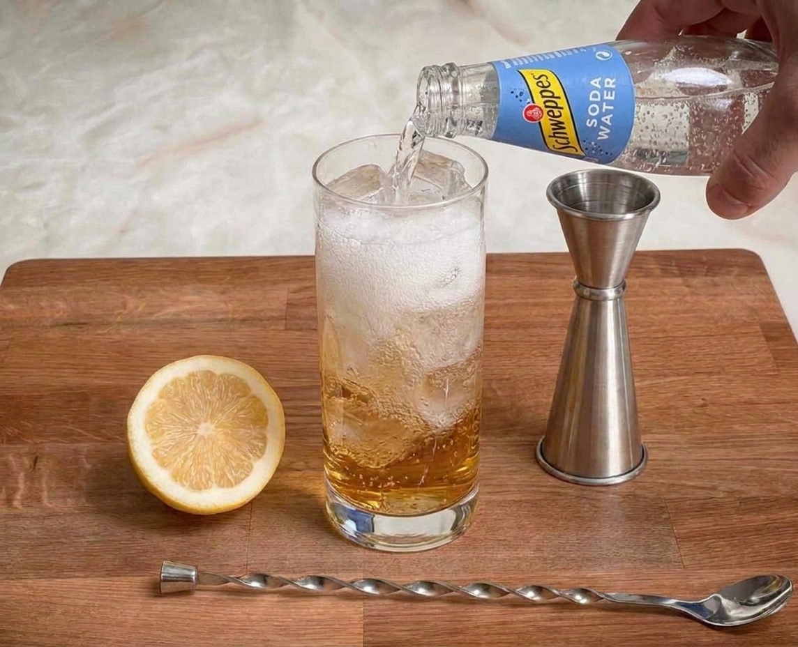 Chilled club soda being poured into a whiskey-and-ice highball glass with visible bubbles rising
