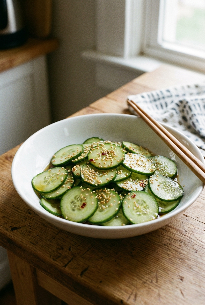 Chilled cucumber salad with rice vinegar and sesame oil in a white bowl