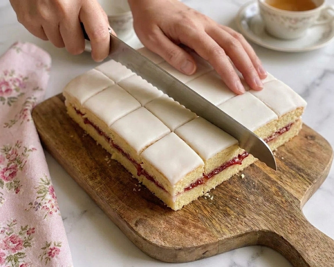 Chilled jam-layered cake being cut into small squares on a cutting board with a long serrated knife