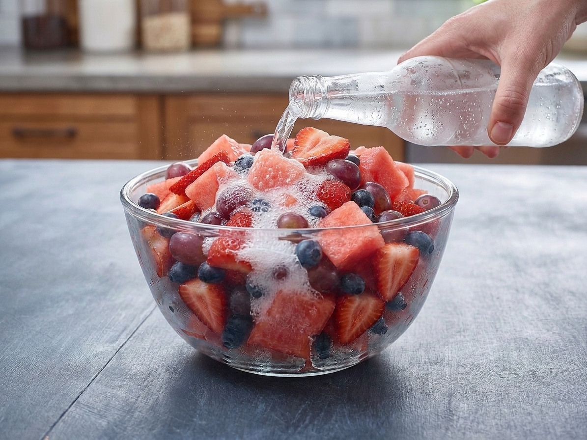 Chilled lemon-lime soda being poured into a bowl of mixed fruit as bubbles rise to the surface