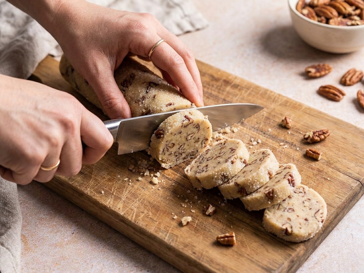 Chilled pecan cookie dough being sliced into round discs on a wooden cutting board