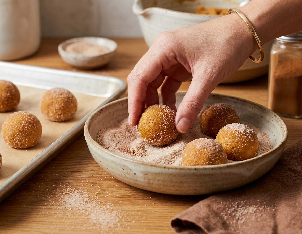 Chilled pumpkin cookie dough balls being rolled in a bowl of cinnamon sugar on a kitchen counter