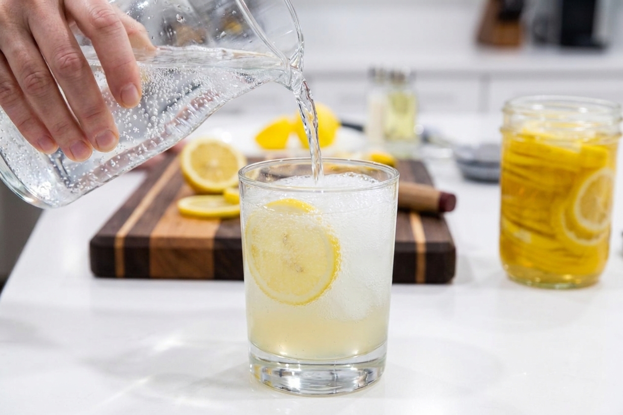 Chilled soda water is poured into a glass with lemon base and ice, creating a rush of bubbles