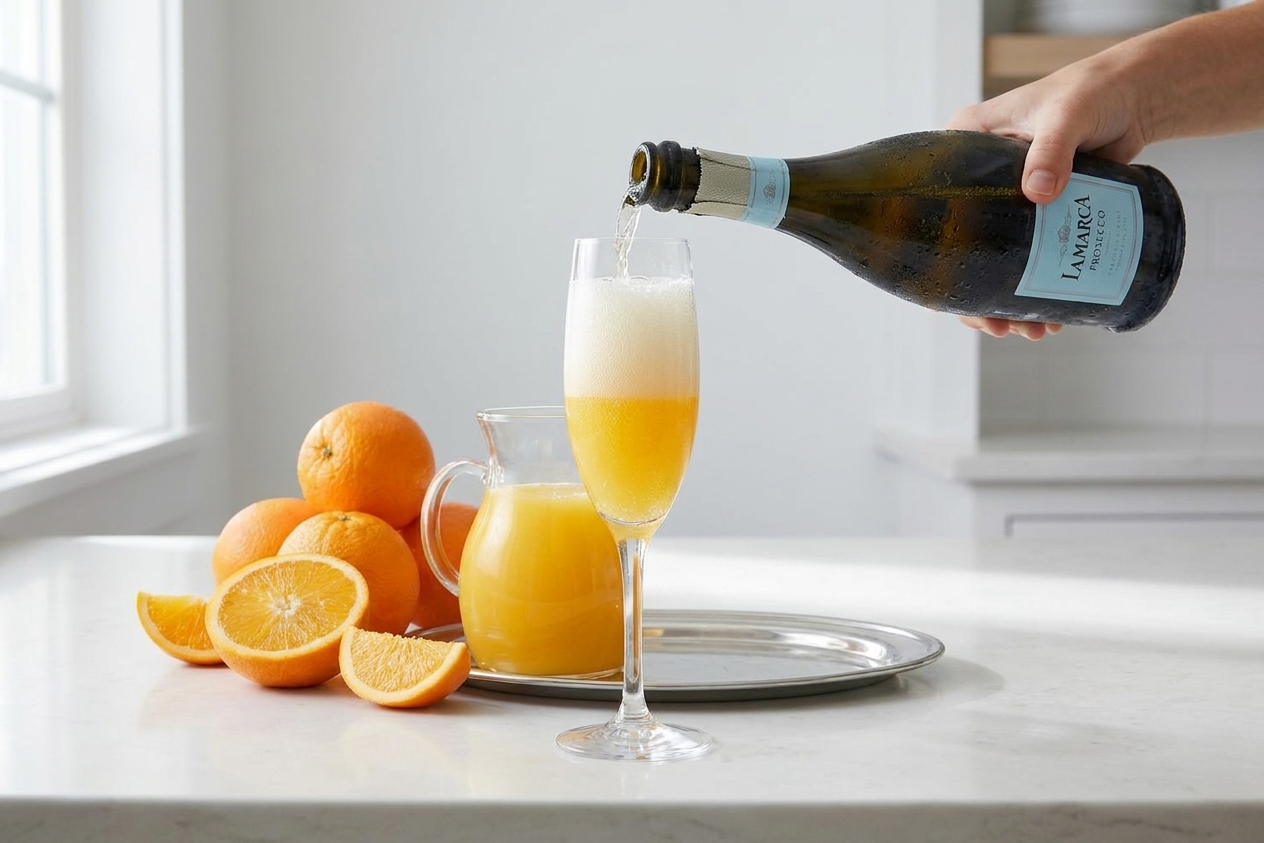 Chilled sparkling wine being poured into a flute that already has orange juice, with bubbles rising on a clean kitchen counter