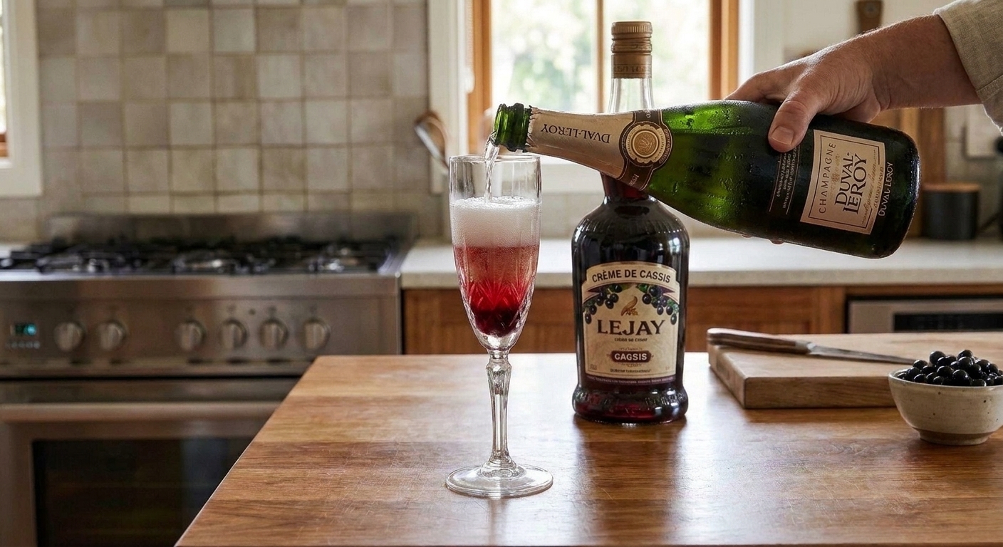 Chilled sparkling wine pouring into a flute with cassis at the bottom, creating a ruby gradient