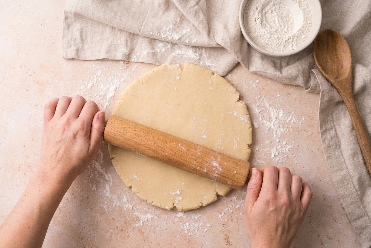 Chilled sugar cookie dough being rolled out with a wooden rolling pin on a lightly floured countertop