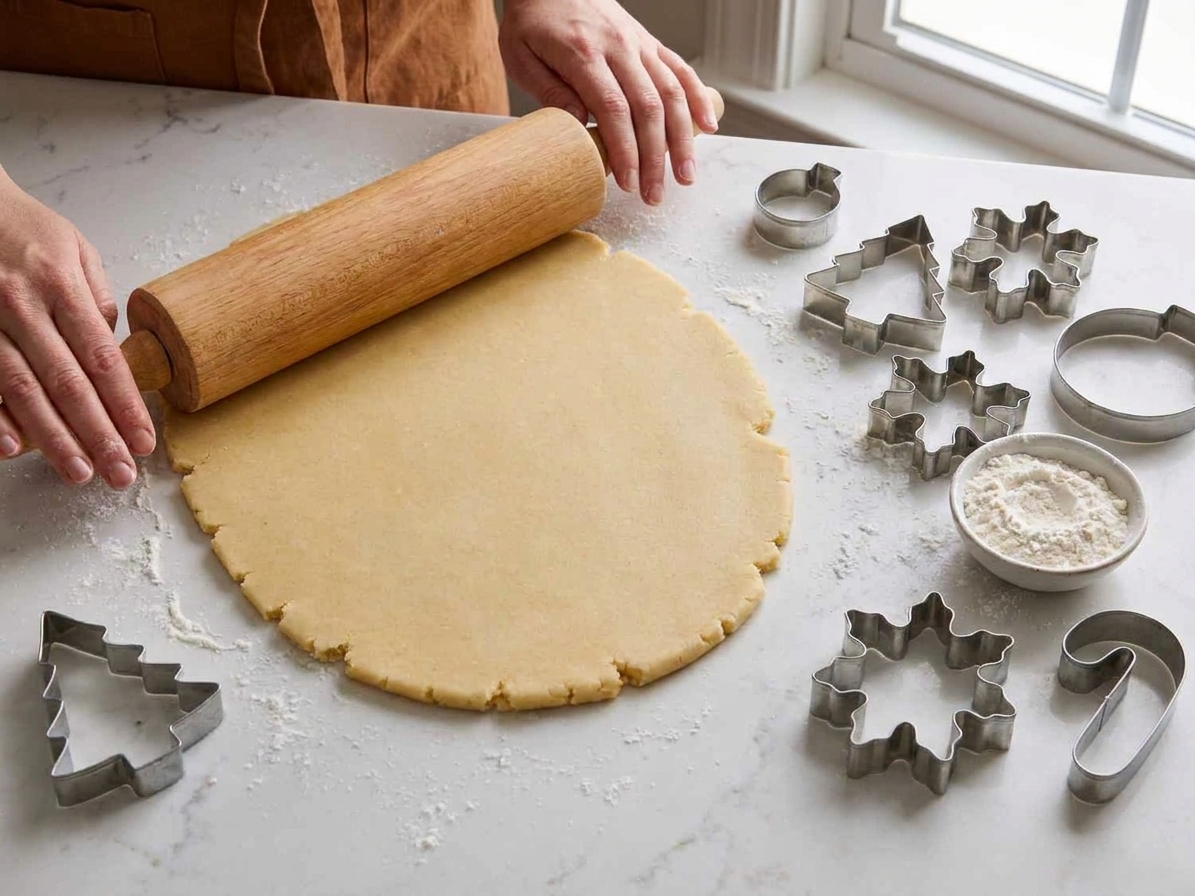 Chilled sugar cookie dough rolled out on a lightly floured counter with a rolling pin and cookie cutters nearby in a warm home kitchen