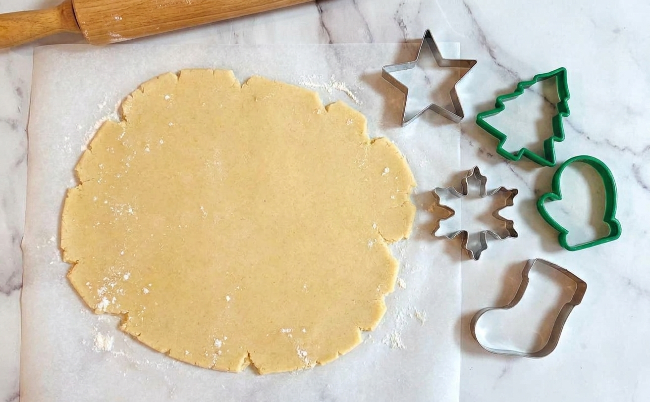 Chilled sugar cookie dough rolled out on parchment paper with cookie cutters nearby on a kitchen counter