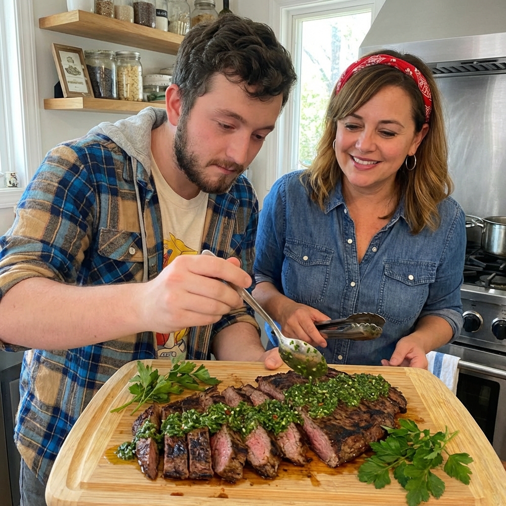 Chimichurri being spooned over sliced grilled steak on a serving platter