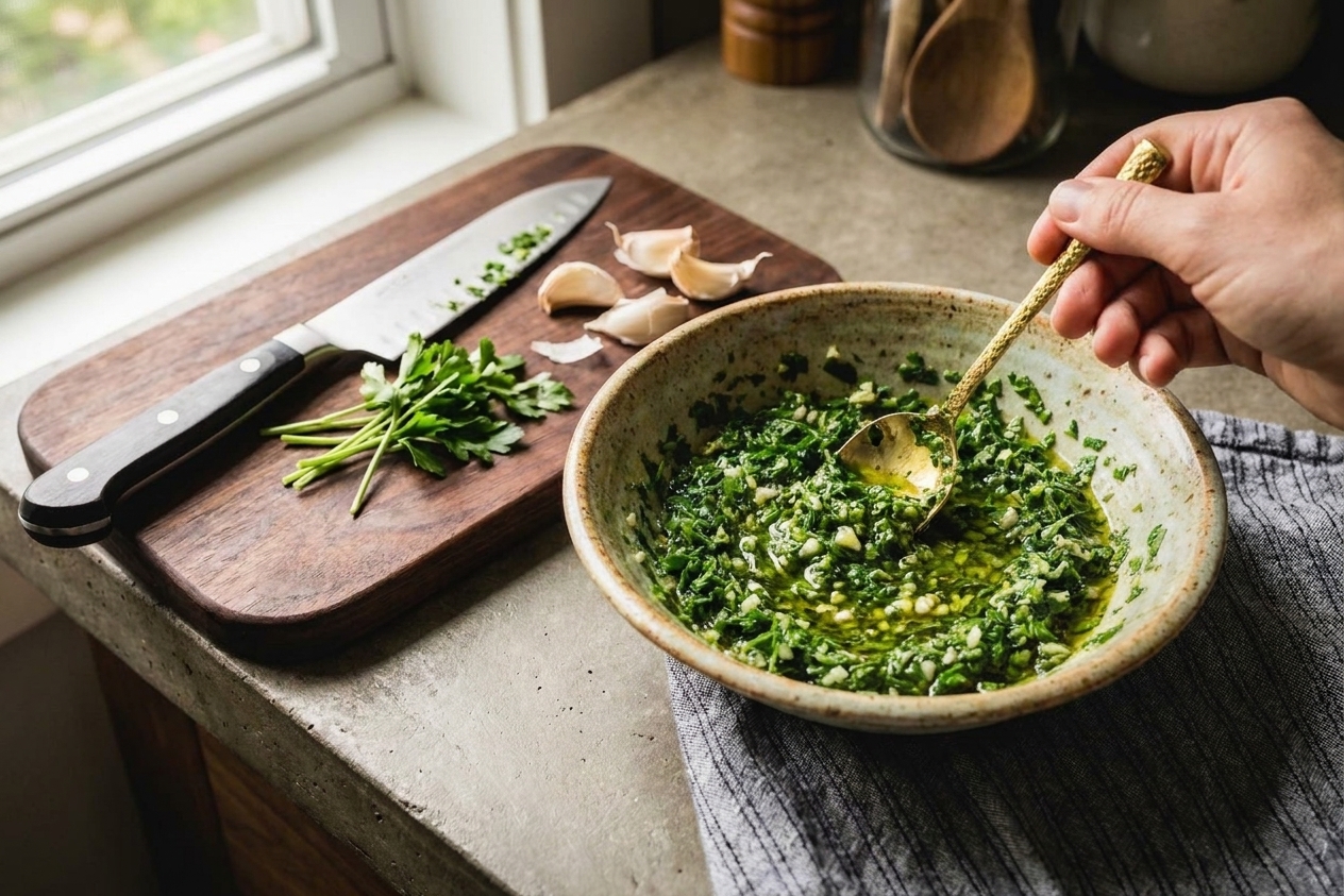 Chimichurri being stirred in a ceramic bowl as olive oil glistens across the chopped herbs on a tidy kitchen counter
