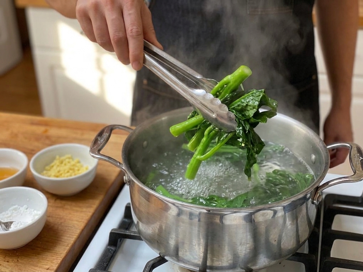 Chinese broccoli being blanched in a pot of boiling water on a stovetop with tongs lifting the greens