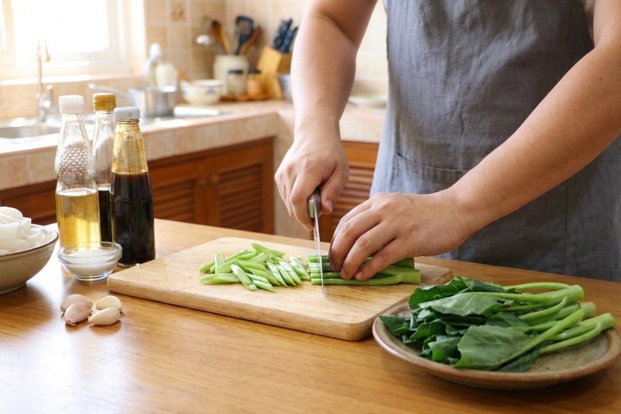 Chinese broccoli being sliced on a wooden cutting board, with stems cut thin and leafy tops set aside, in a bright home kitchen