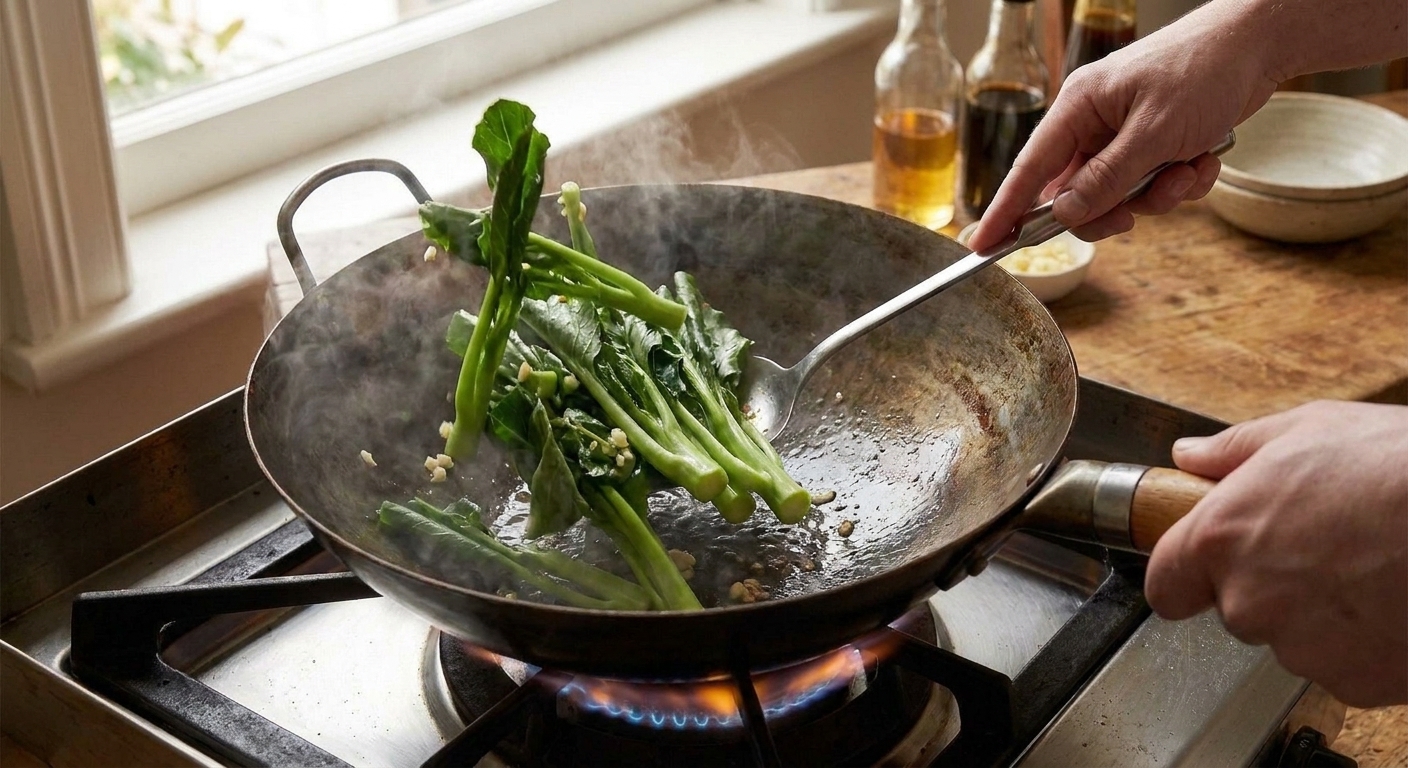 Chinese broccoli being tossed in a hot wok