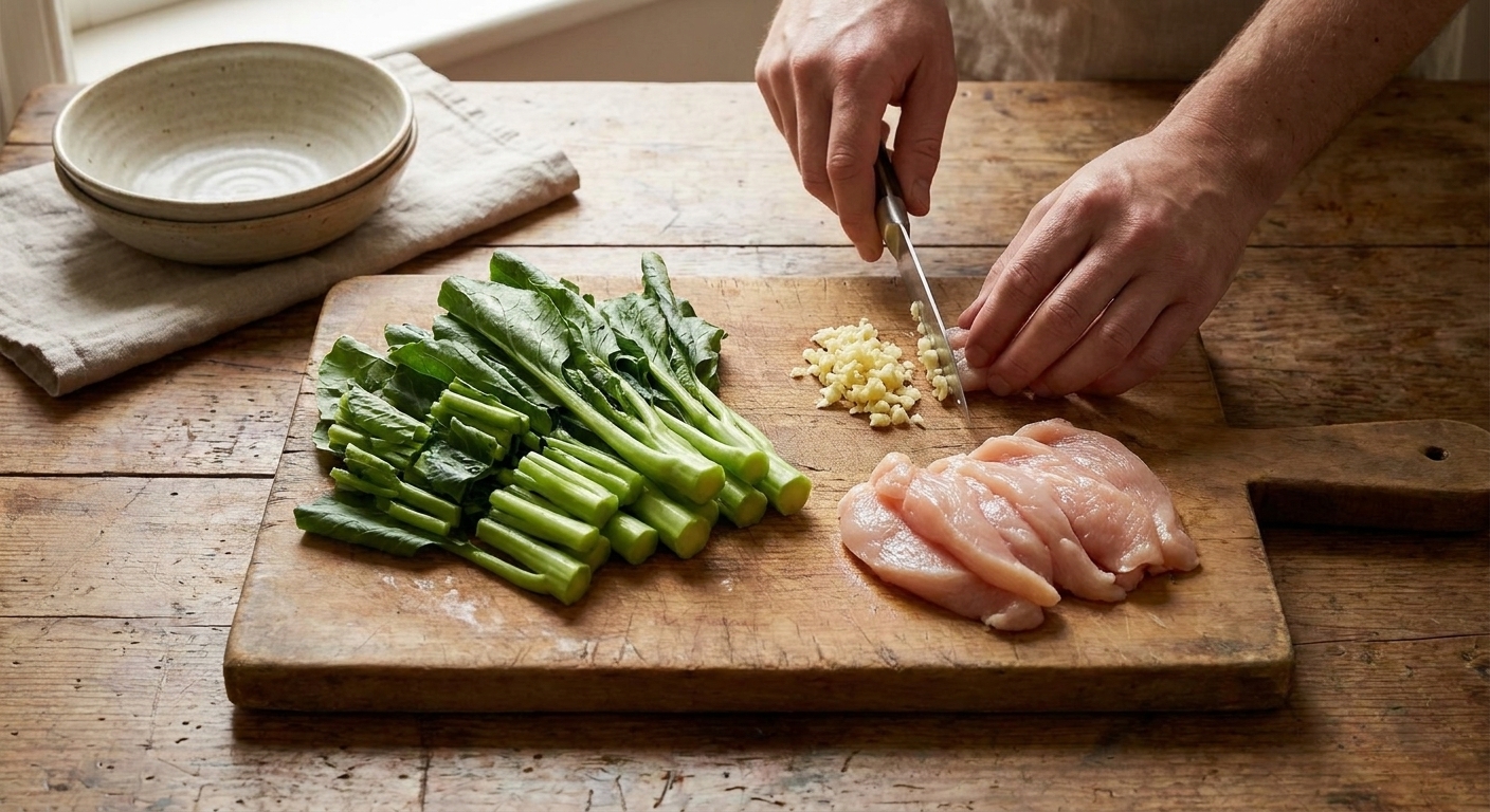 Chinese broccoli, minced garlic, and sliced chicken prepped on a cutting board
