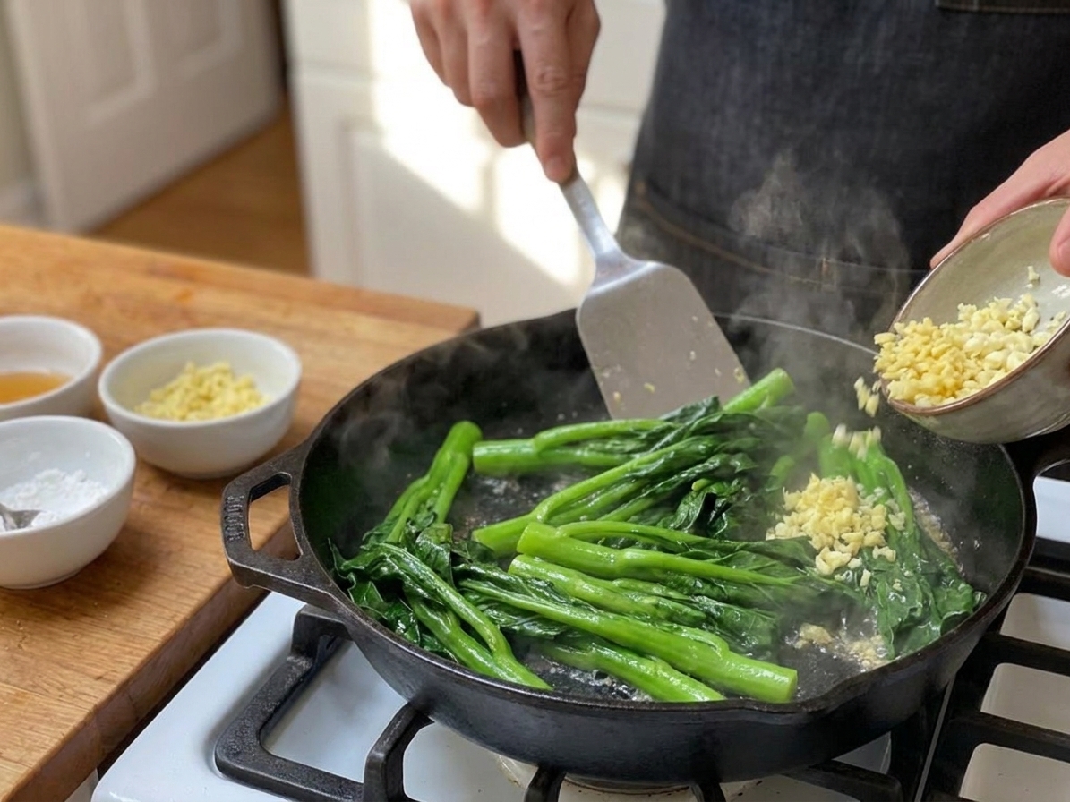 Chinese broccoli searing in a hot skillet with chopped garlic and ginger being stirred in