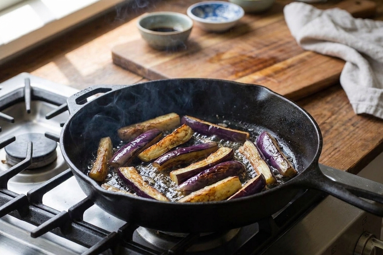 Chinese eggplant batons sizzling in a hot skillet with lightly browned edges, photographed over a stovetop