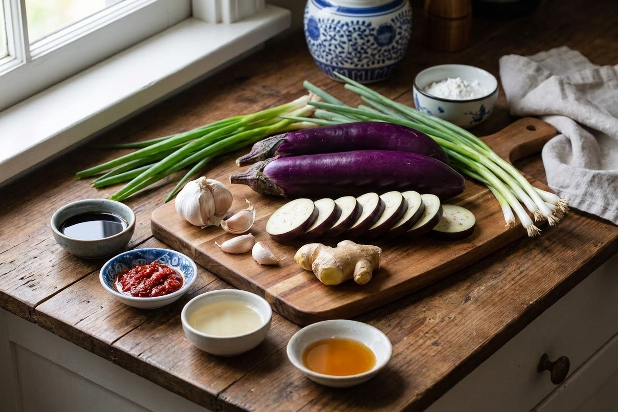 Chinese eggplant, garlic, ginger, scallions, soy sauce, chili paste, vinegar, cornstarch, and sesame oil arranged on a clean kitchen counter with a cutting board