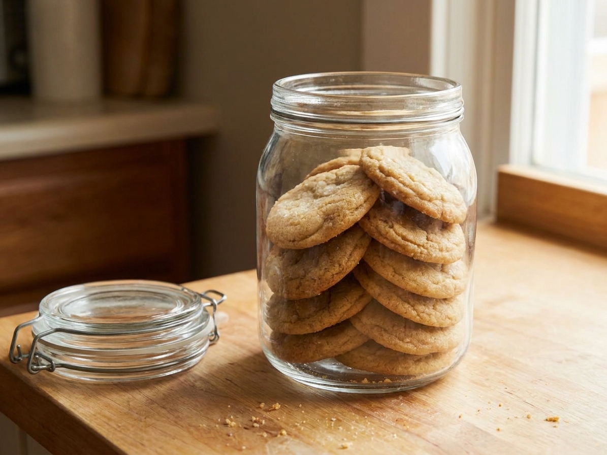 Chipless cookies stacked in a glass airtight container on a kitchen counter with a lid nearby