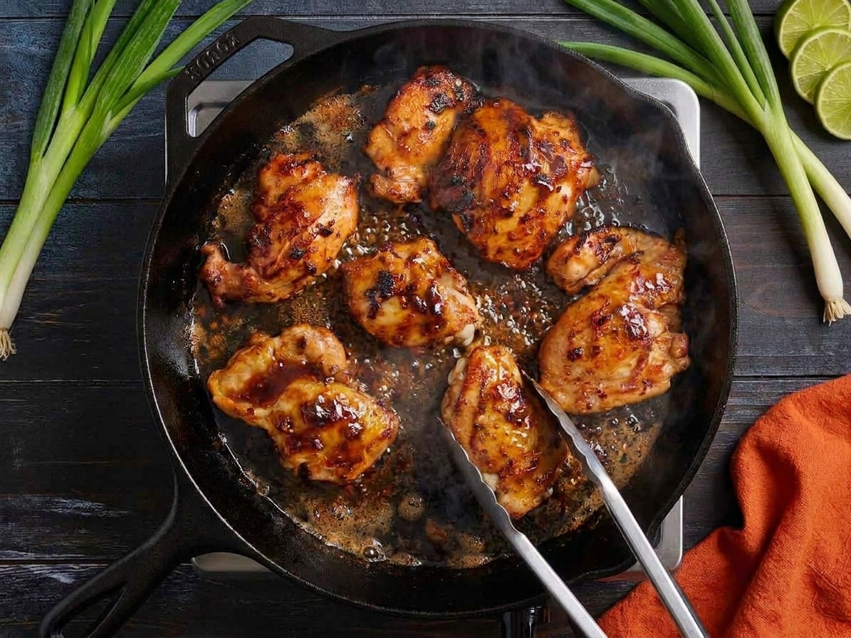 Chipotle honey sauce simmering around seared chicken in a skillet, turning glossy and thick
