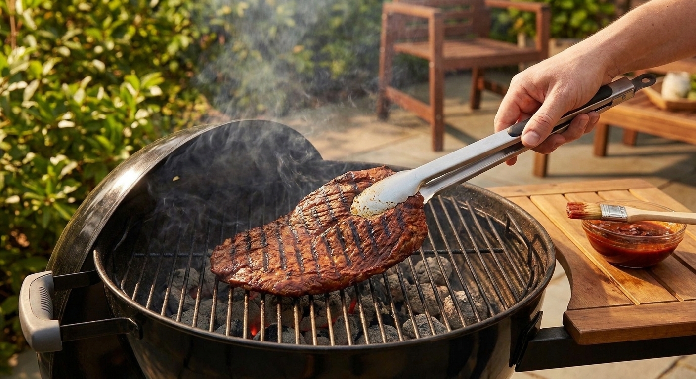 Chipotle-marinated flank steak searing on a hot grill with visible grill marks in a backyard setting