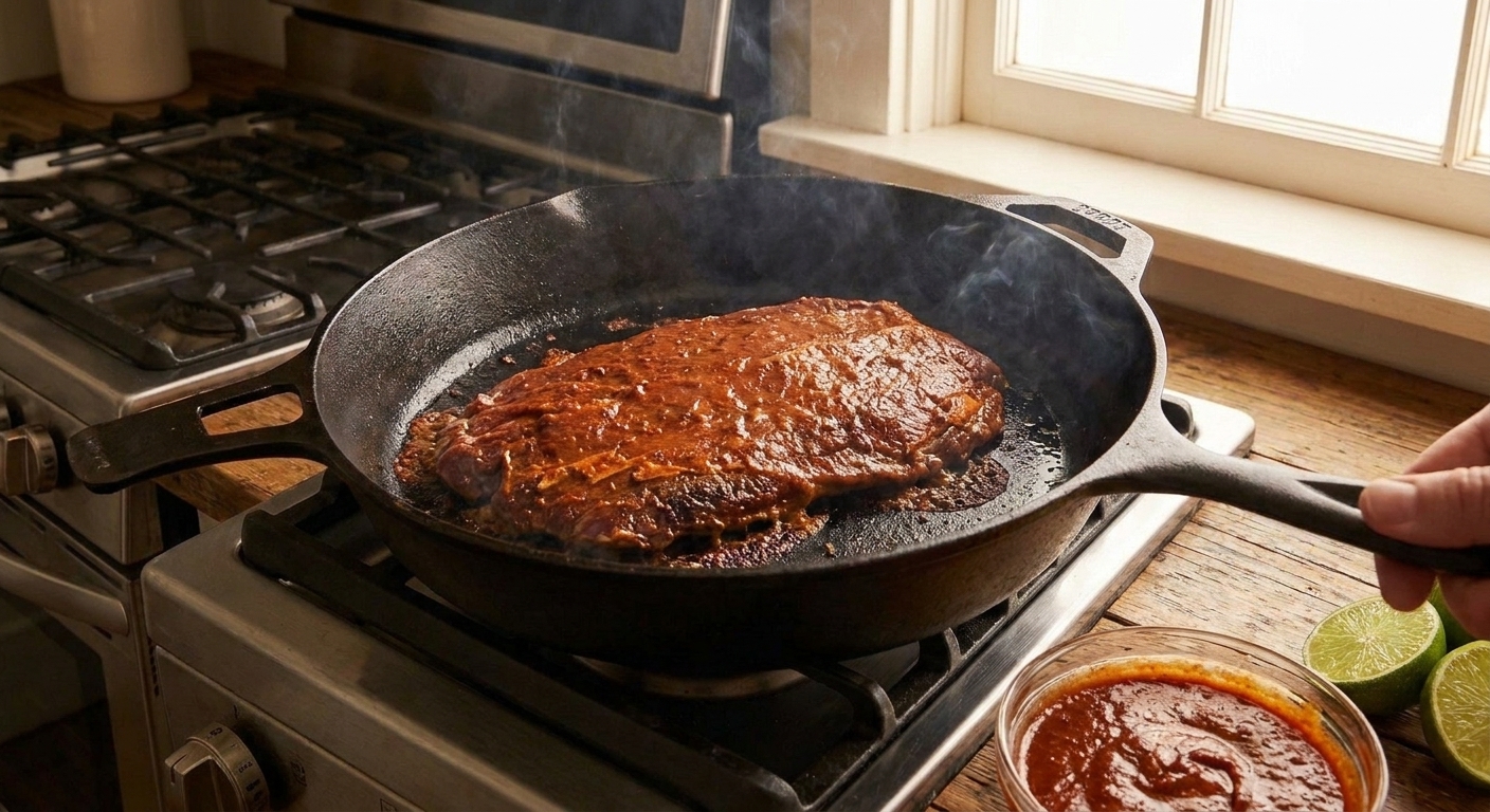 Chipotle-marinated steak searing in a cast iron skillet on a stovetop with browned edges forming
