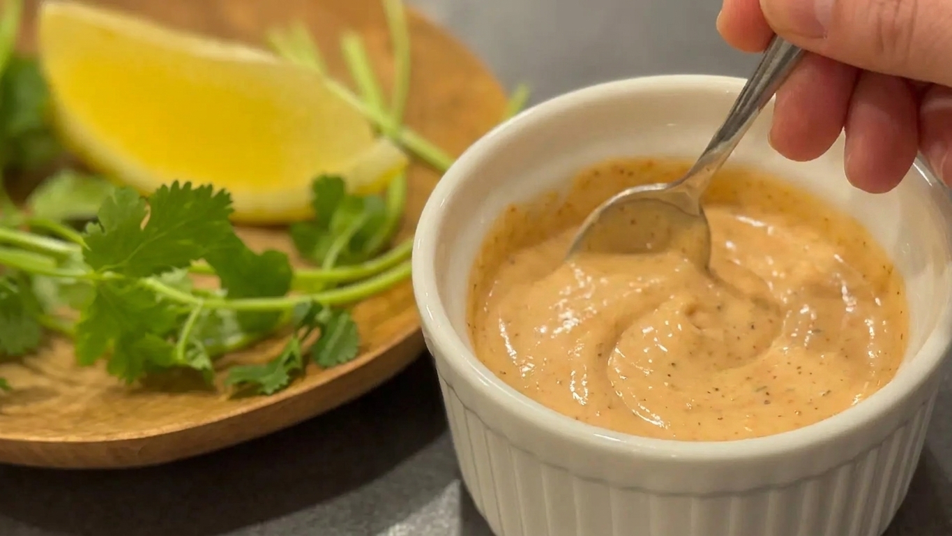 Chipotle mayo being stirred in a small white bowl with a spoon on a light stone countertop