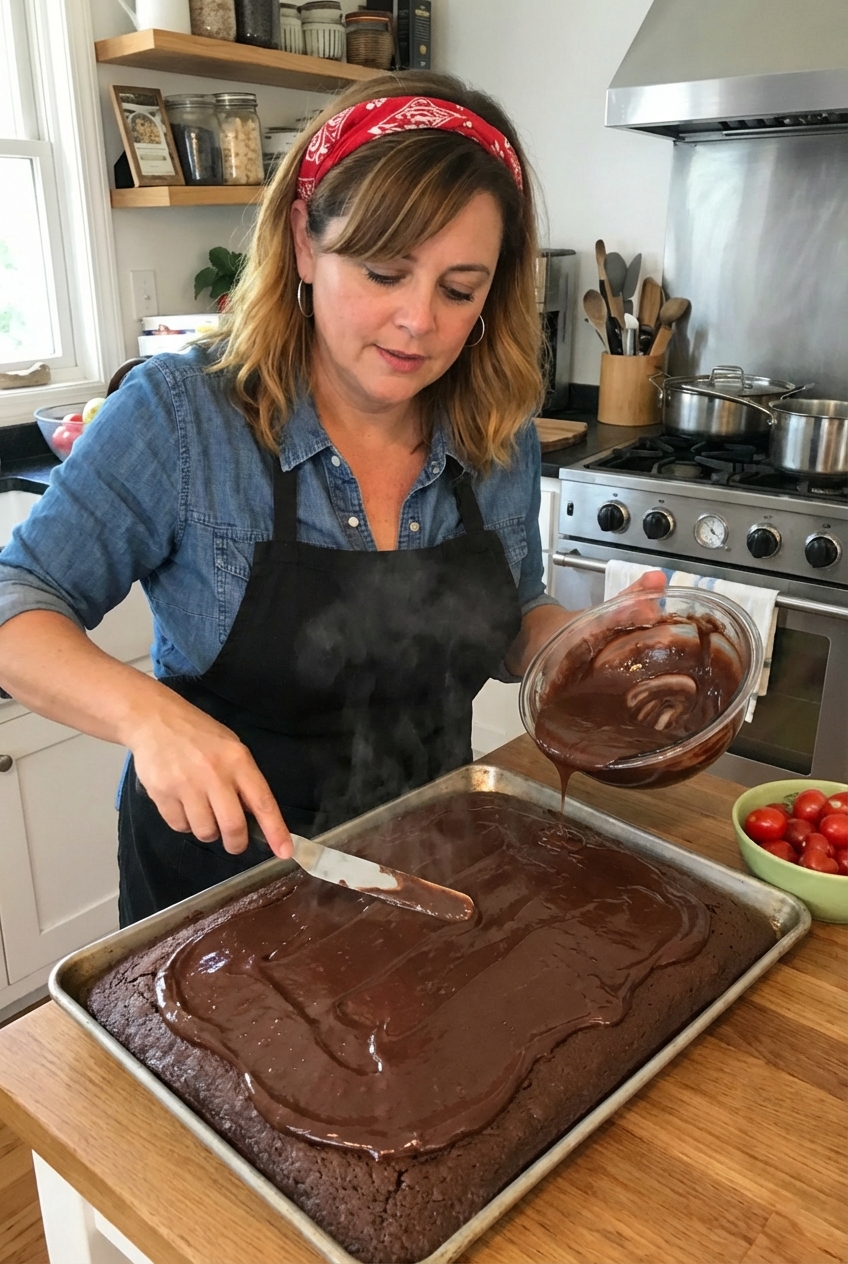 Chocolate Texas sheet cake being frosted with warm fudge icing in a sheet pan