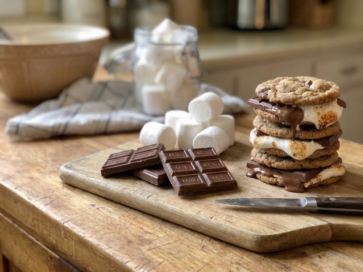 Chocolate and marshmallows prepped on a cutting board next to a stack of cookies