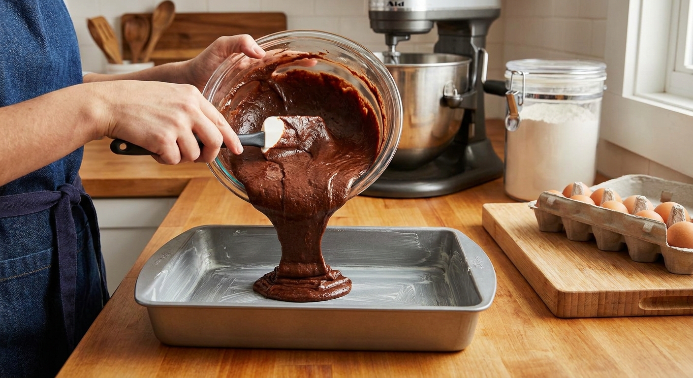 Chocolate cake batter being poured into a greased 9x13 baking pan on a kitchen counter