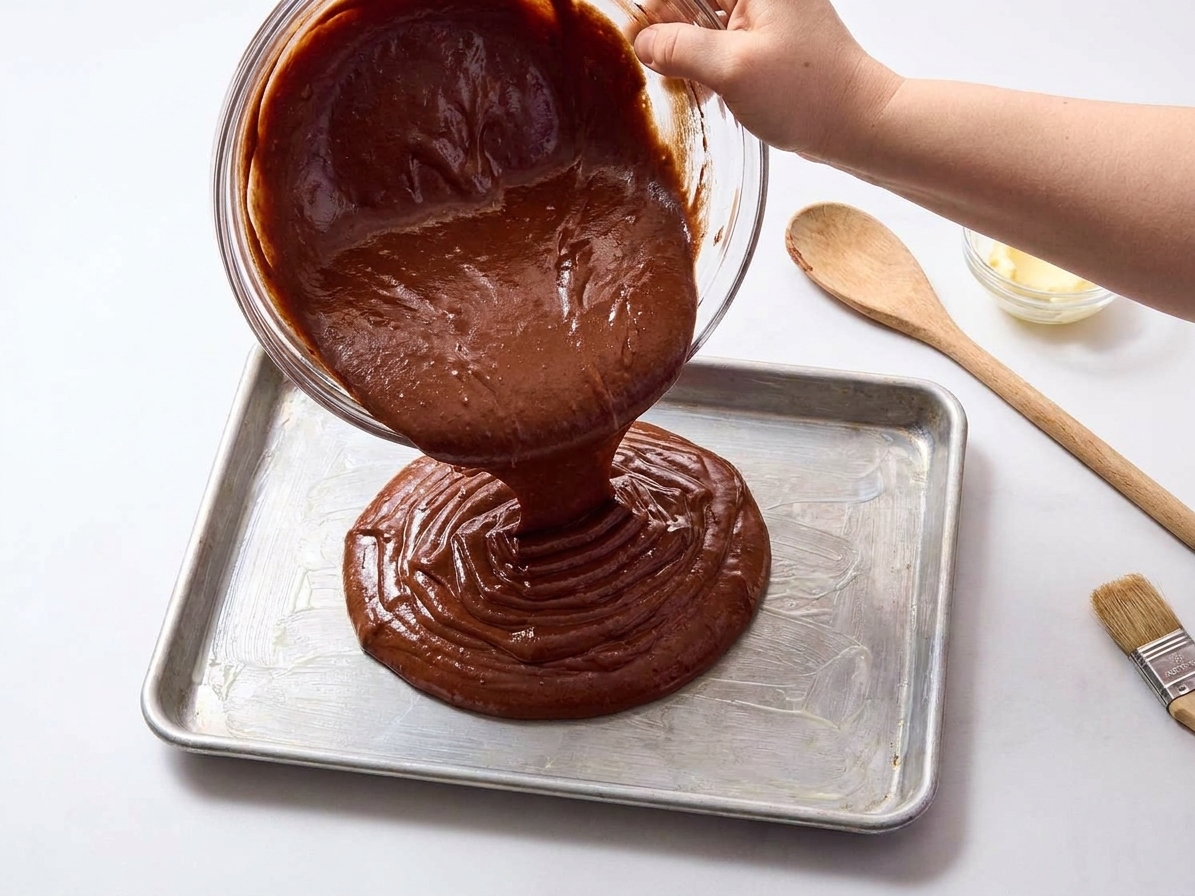 Chocolate cake batter being poured into a greased sheet pan on a kitchen counter